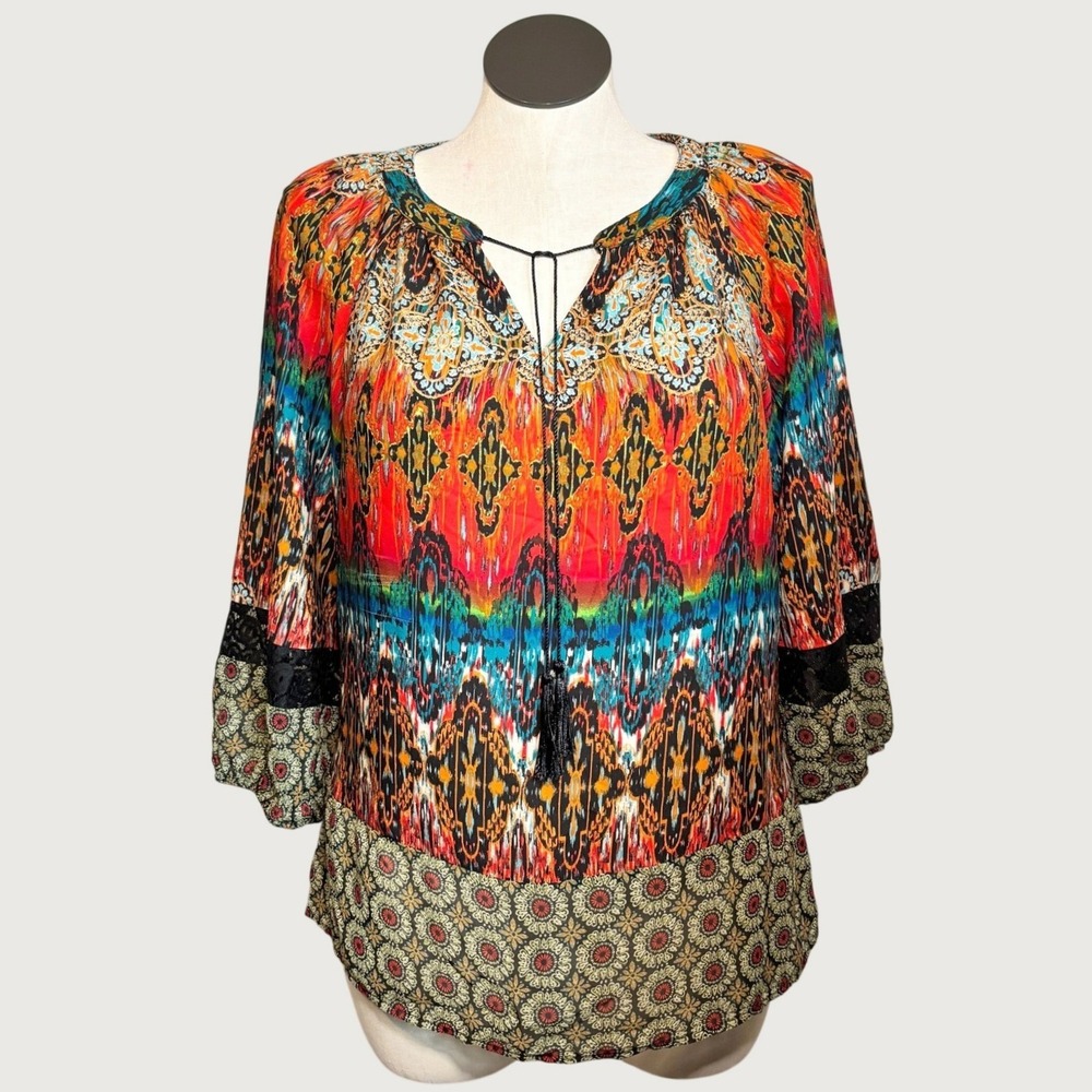 Womens Boho Peasant Blouse Lg Multicolor Tassel Tie Neck Lace Detail Art to Wear